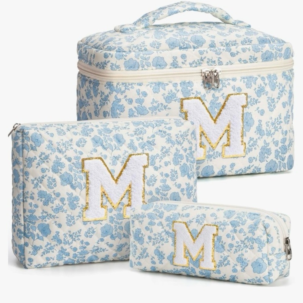3 pc Quilted Floral Makeup Cosmetic Toiletry Bag Set - Initial M